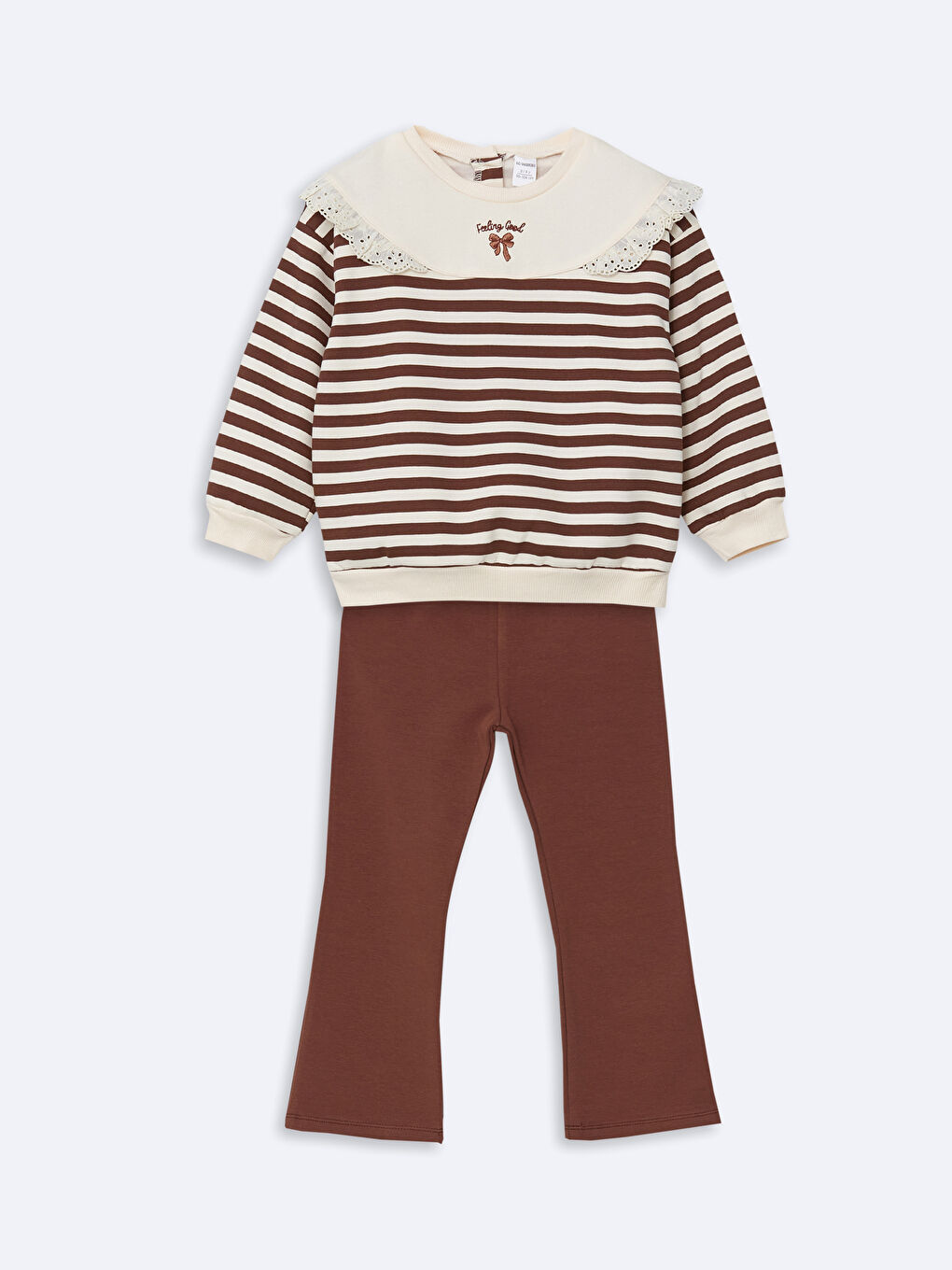 Kahverengi Bisiklet Yaka Çizgili Kız Çocuk Sweatshirt ve Tayt 2'li Takım