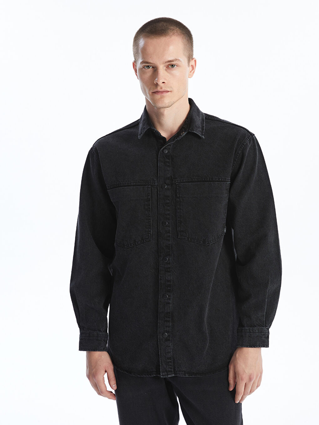 Siyah Regular Fit Uzun Kollu Erkek Jean Gömlek