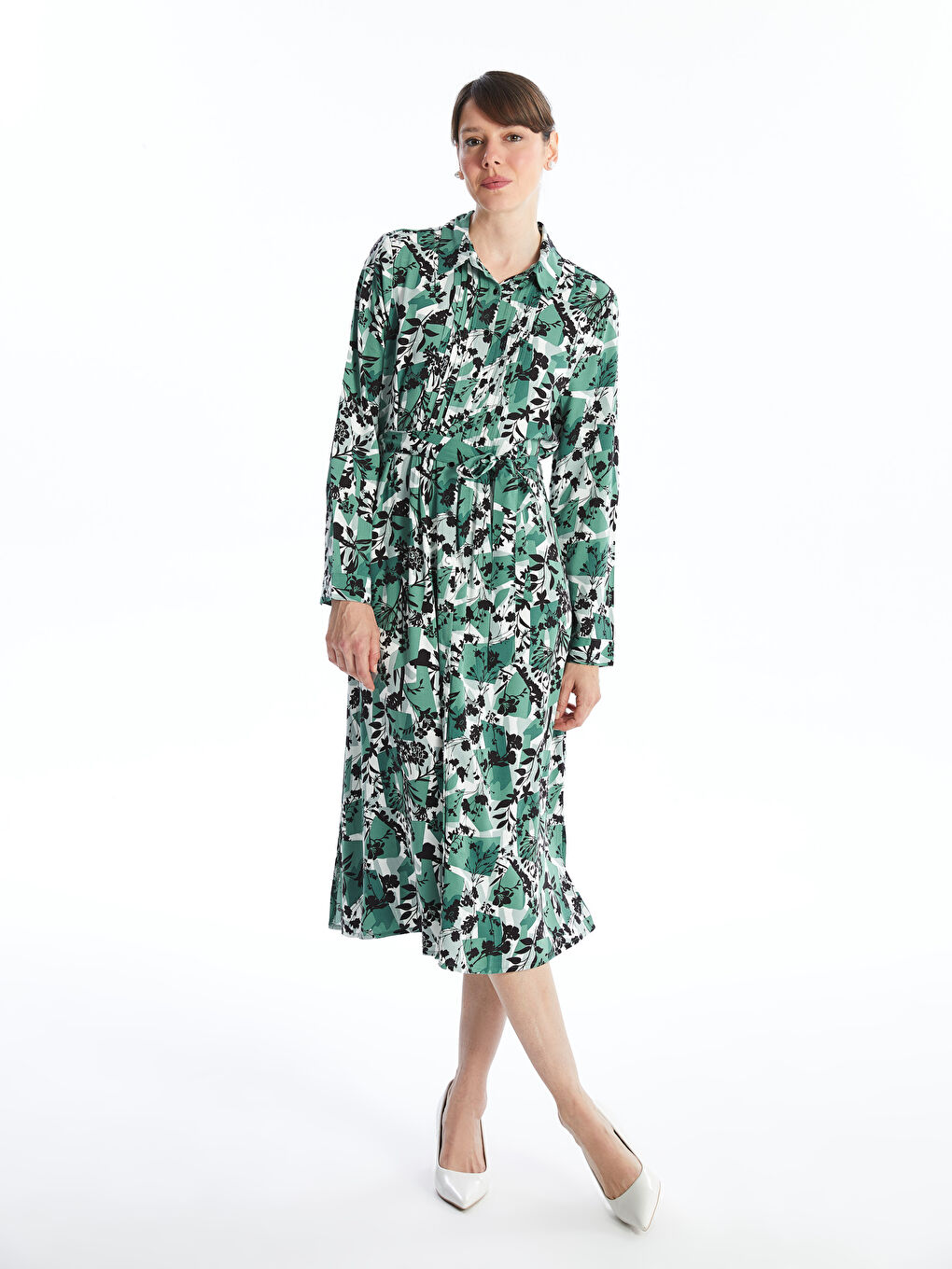 LCW Grace Patterned Long Sleeve Women's Shirt Dress -W49458Z8-LRL