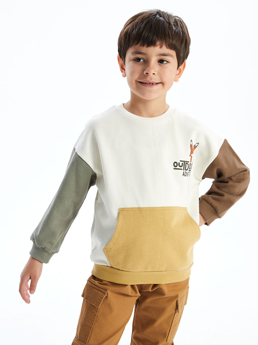 LCW Kids Bej Bisiklet Yaka Baskılı Erkek Çocuk Sweatshirt