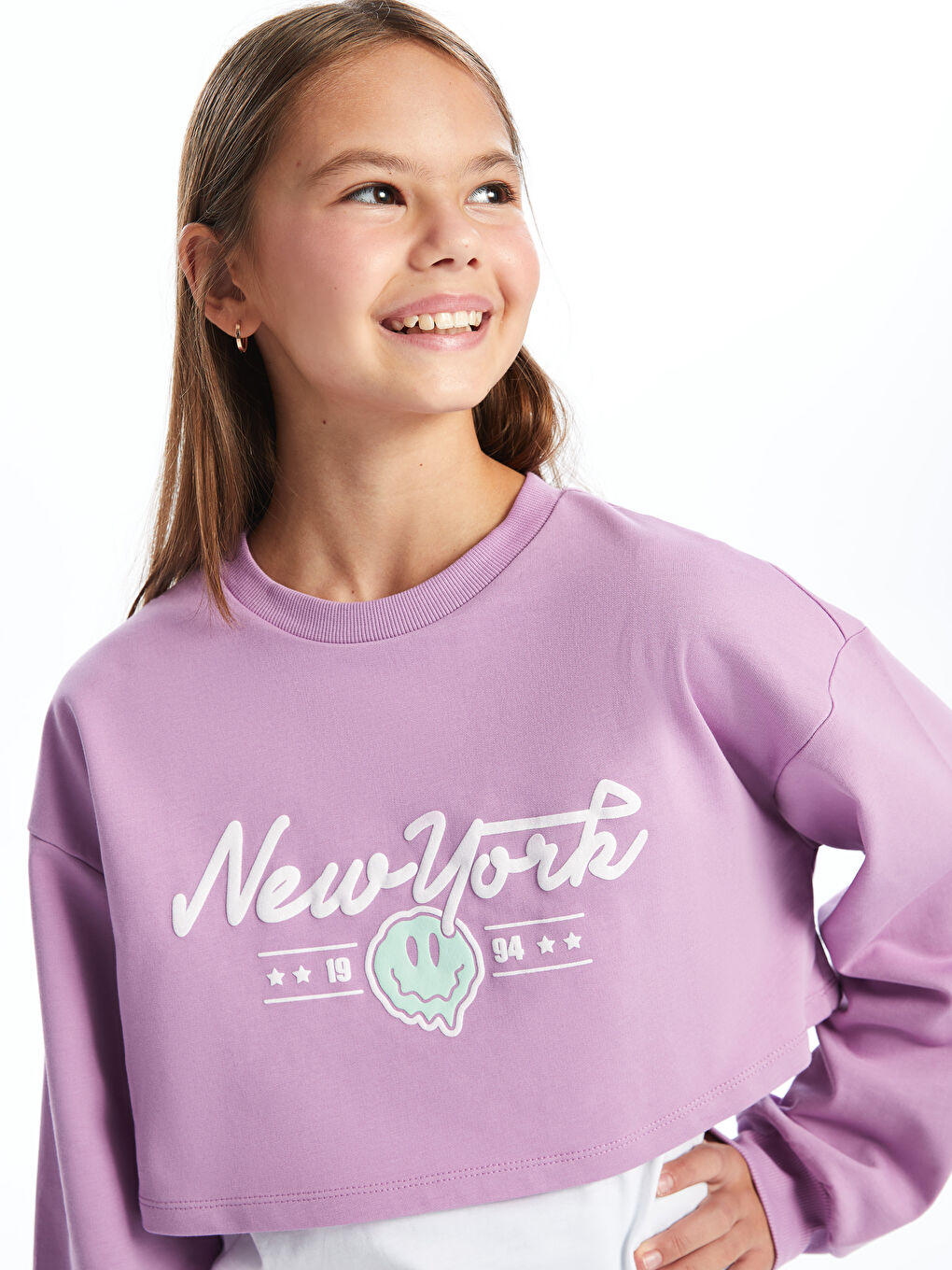 LCW Kids Lila Bisiklet Yaka Baskılı Uzun Kollu Kız Çocuk Sweatshirt