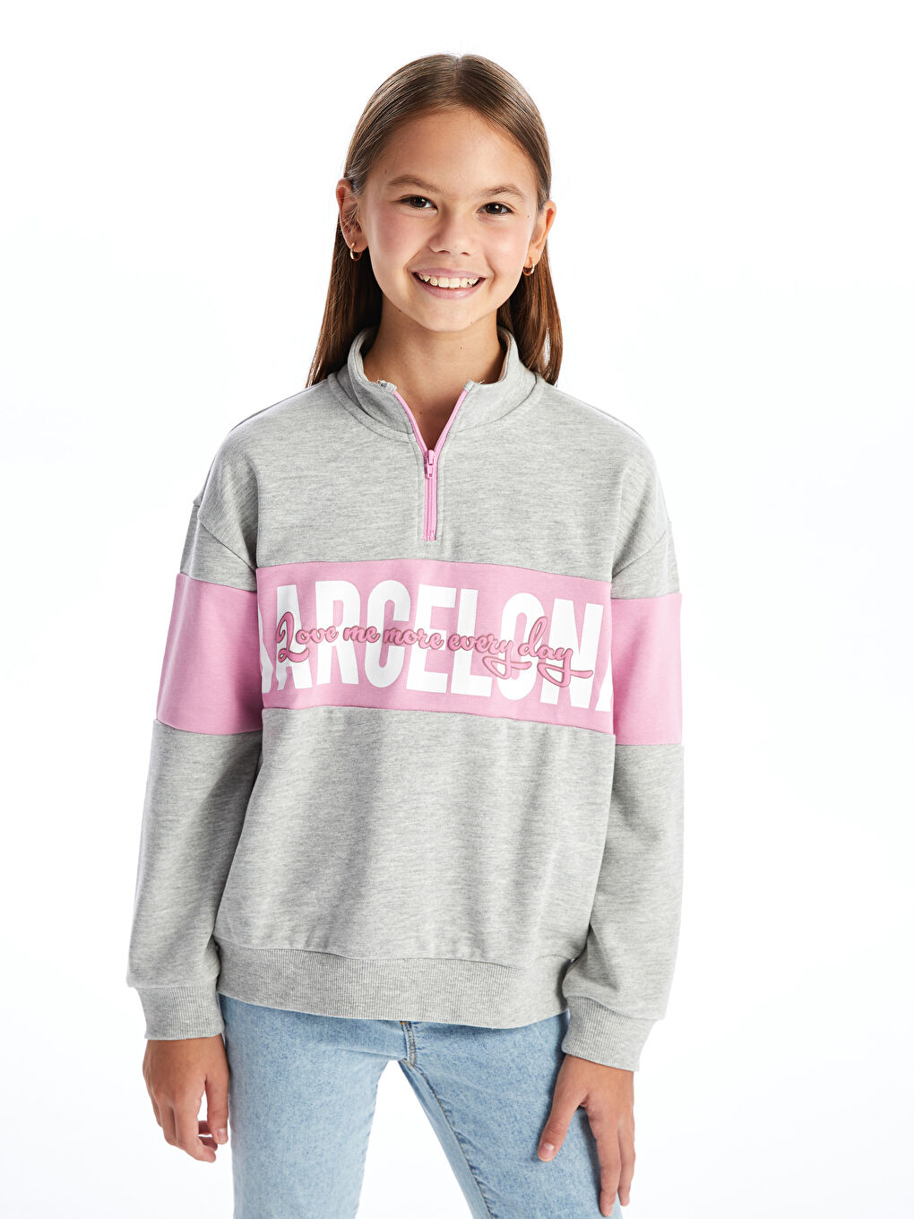 LCW Kids Gri Melanj Dik Yaka Baskılı Uzun Kollu Kız Çocuk Sweatshirt