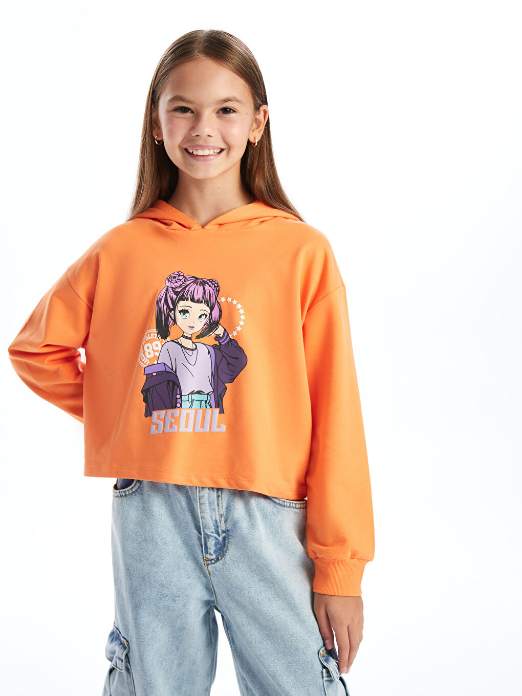 LCW Kids Turuncu Kapüşonlu Kız Çocuk Sweatshirt