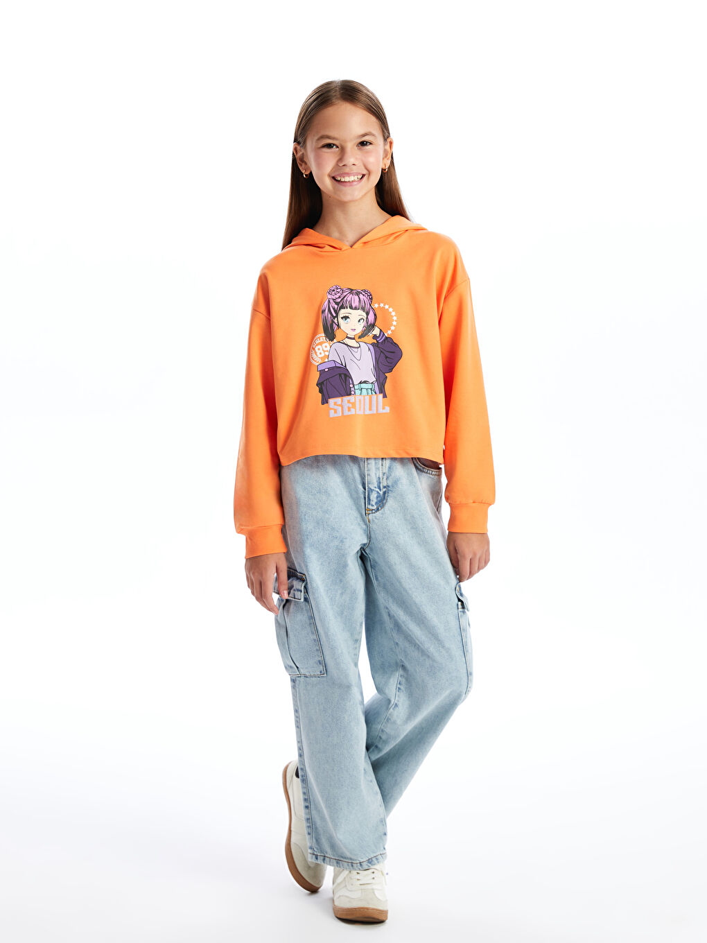 LCW Kids Turuncu Kapüşonlu Kız Çocuk Sweatshirt - 1