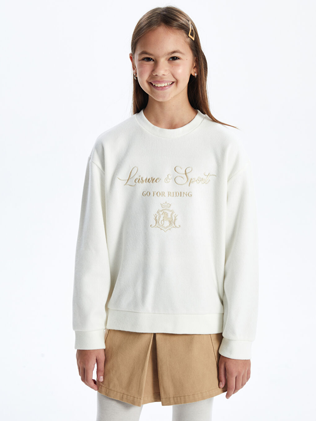 LCW Kids Ekru Bisiklet Yaka Kız Çocuk Kalın Sweatshirt