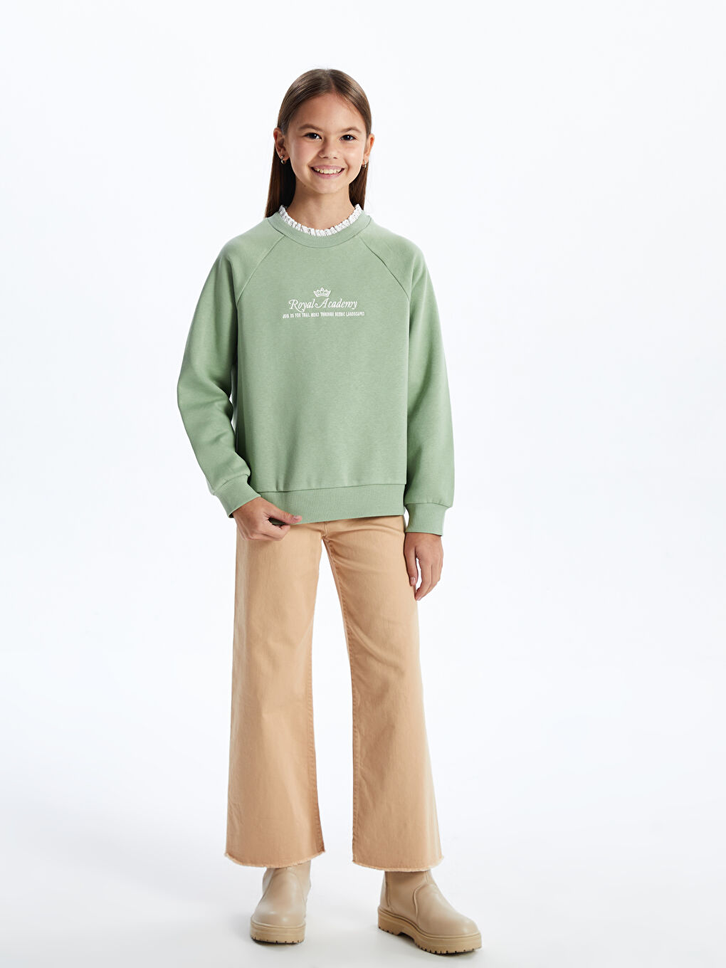 LCW Kids Yeşil Bisiklet Yaka Kız Çocuk Kalın Sweatshirt - 1