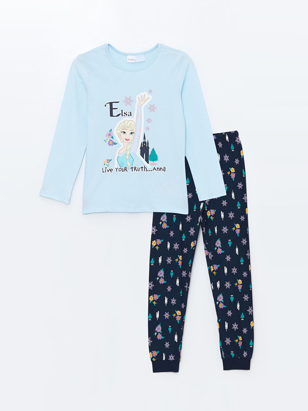 LCW Kids Açık Mavi Bisiklet Yaka Elsa Baskılı Kız Çocuk Pijama Takımı