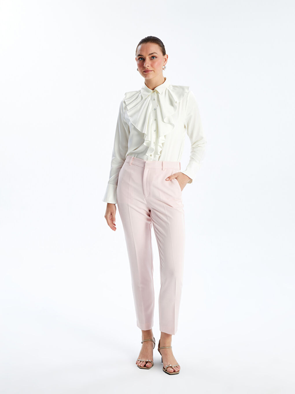 Әйелдерге арналған жағалы мойын бүрмелі сатин блузка-1