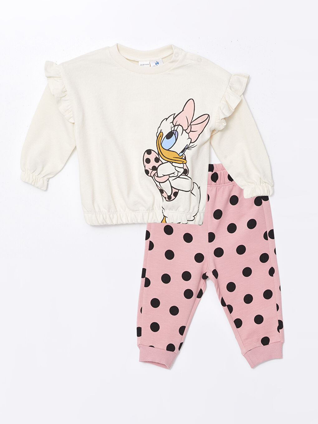 LCW baby Krem Rengi Bisiklet Yaka Uzun Kollu Daisy Duck Baskılı Kız Bebek Sweatshirt ve Eşofman Alt 2'li Takım