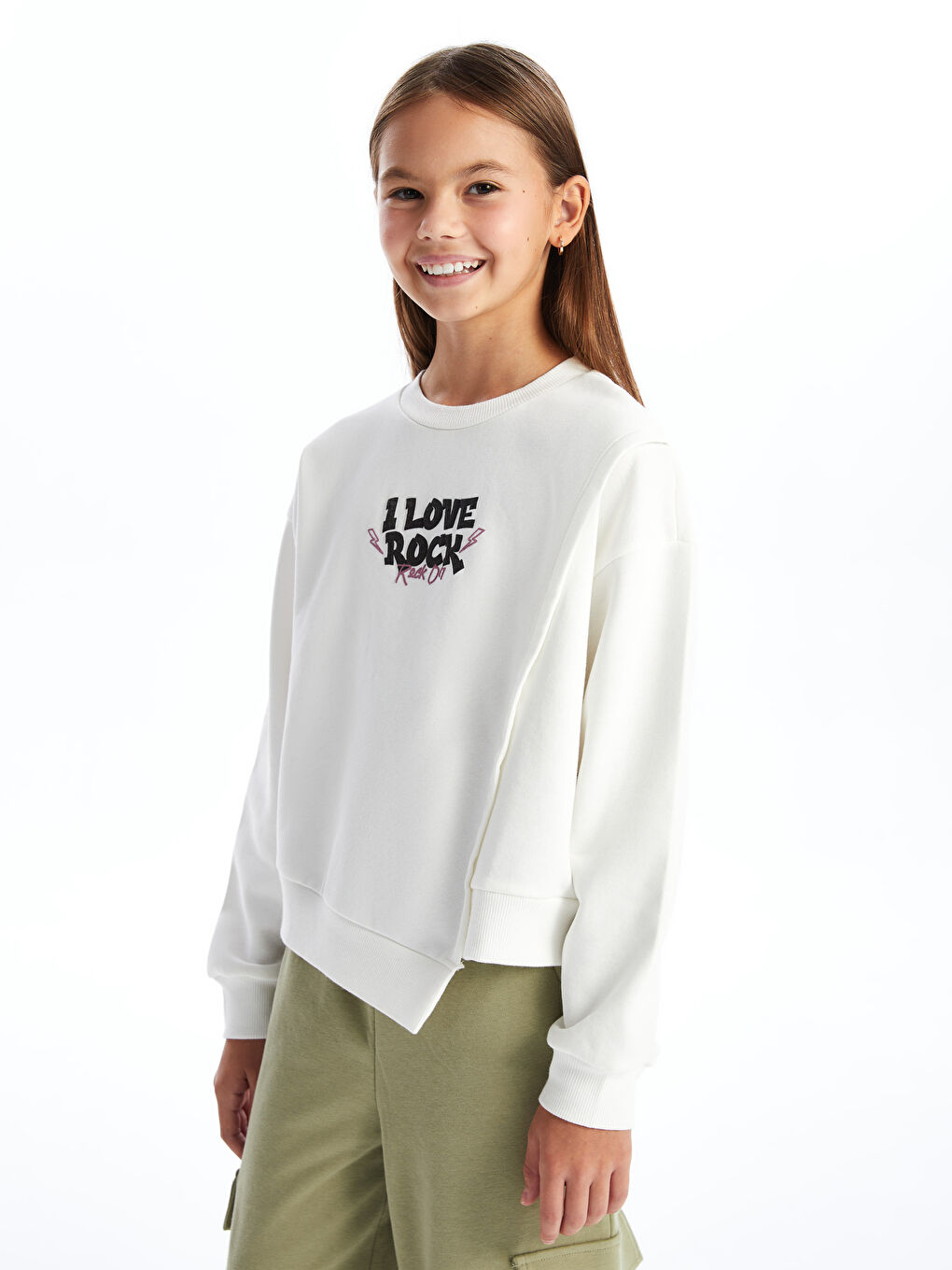 LCW Kids Ekru Bisiklet Yaka Kız Çocuk Kalın Sweatshirt