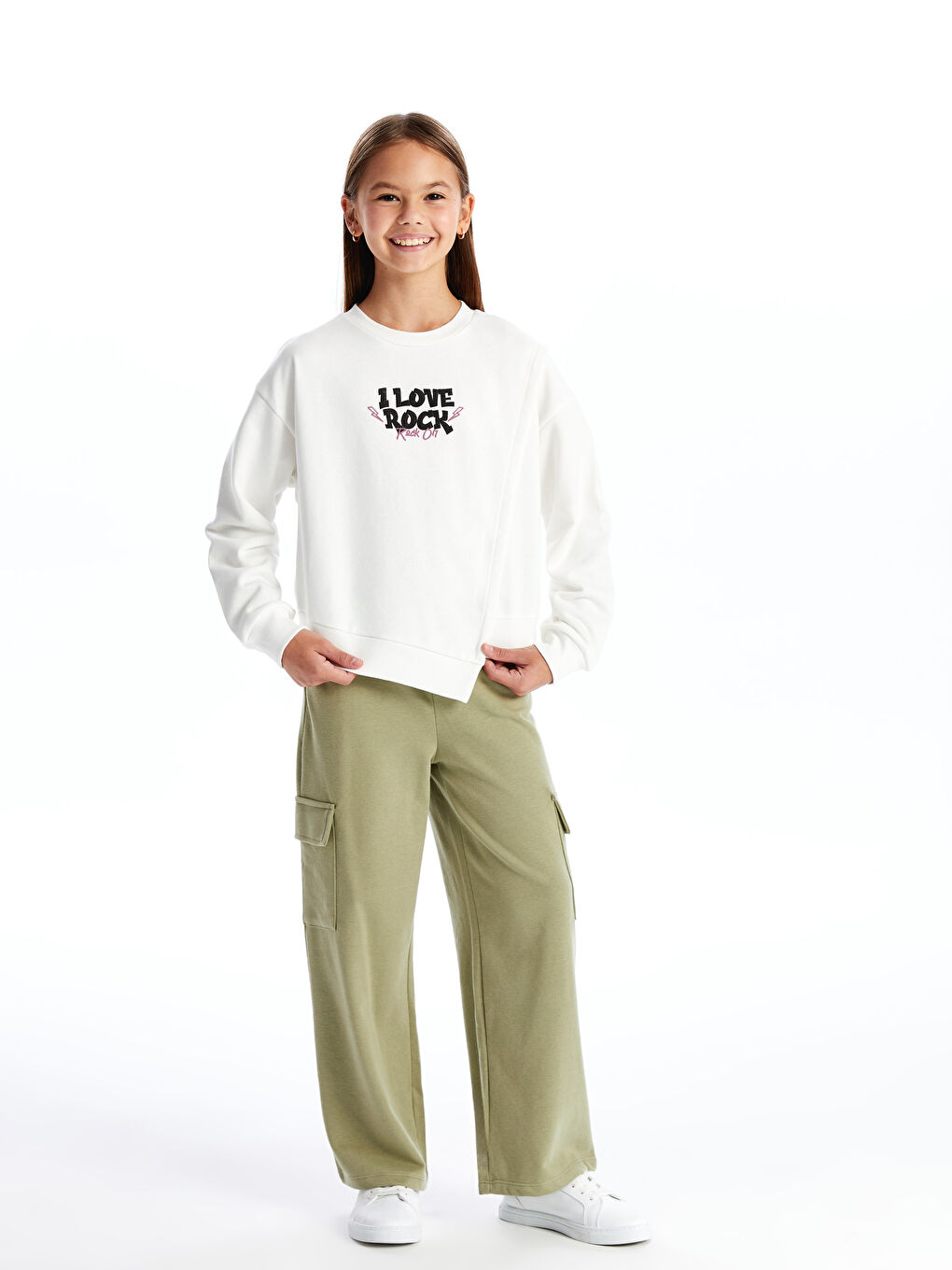 LCW Kids Ekru Bisiklet Yaka Kız Çocuk Kalın Sweatshirt - 1