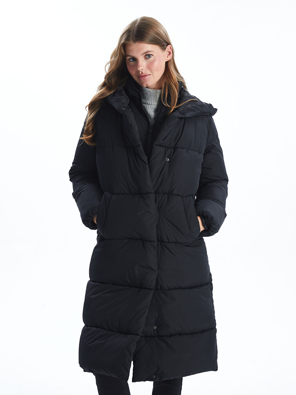 әйелдерге арналған капюшонды пуховик пальто