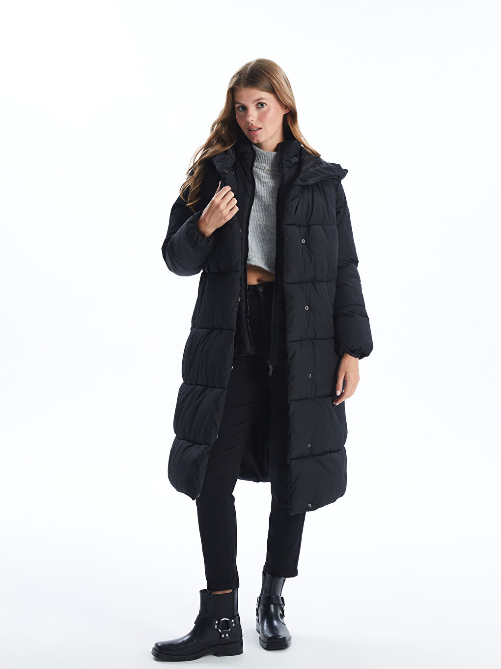 әйелдерге арналған капюшонды пуховик пальто-1