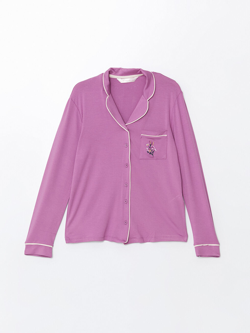 Mor Gömlek Yaka Nakışlı Kadın Pijama Üst