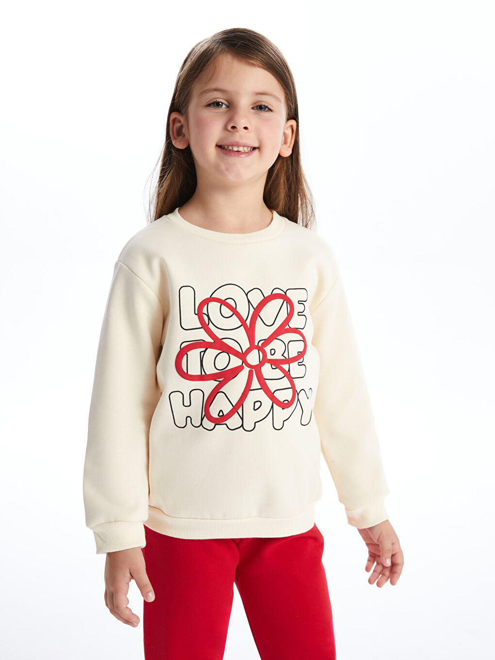 LCW Kids Ekru Bisiklet Yaka Çiçekli Kız Çocuk Sweatshirt ve Pantolon 2'li Takım