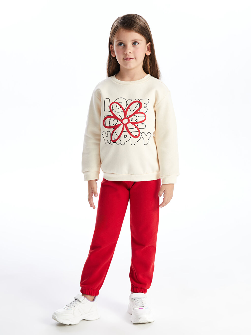 LCW Kids Ekru Bisiklet Yaka Çiçekli Kız Çocuk Sweatshirt ve Pantolon 2'li Takım - 1