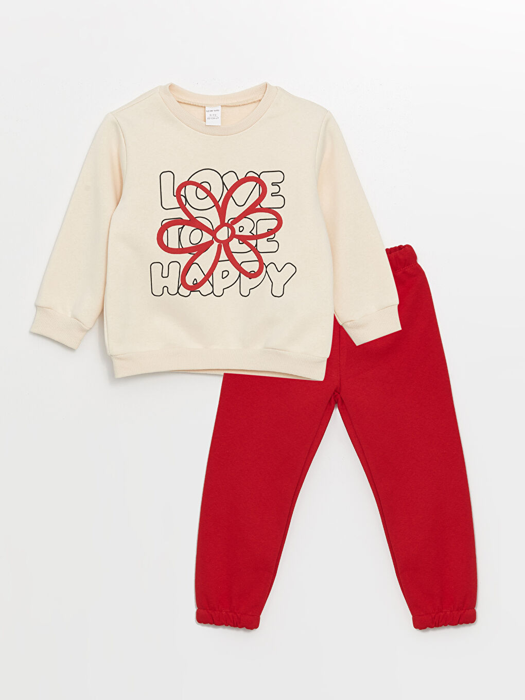 LCW Kids Krem Rengi Bisiklet Yaka Çiçekli Kız Çocuk Sweatshirt ve Pantolon 2'li Takım