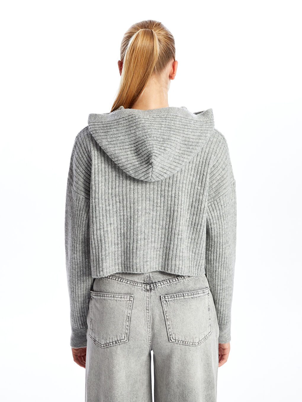 Gri Kapüşonlu Düz Uzun Kollu Kadın Triko Hırka-3