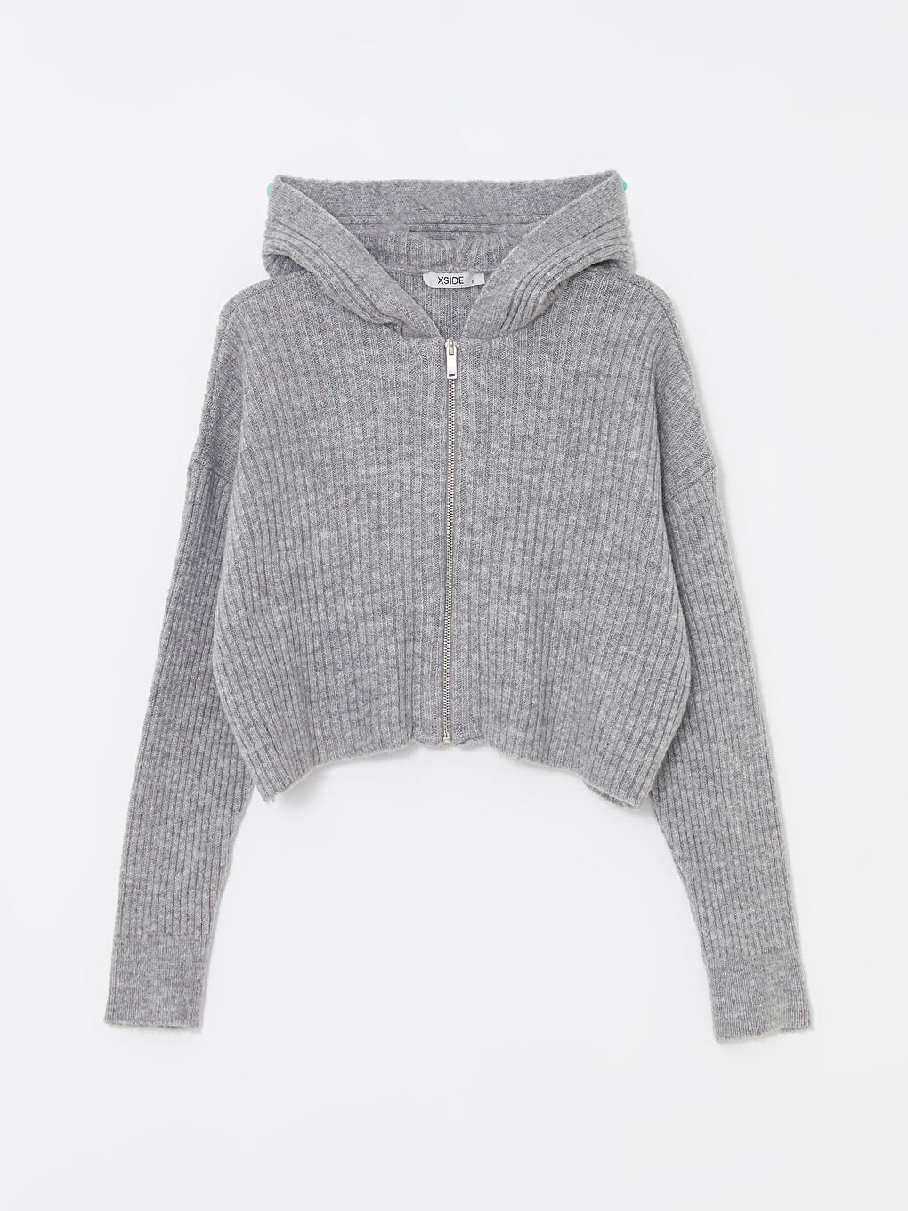 Gri Kapüşonlu Düz Uzun Kollu Kadın Triko Hırka-4
