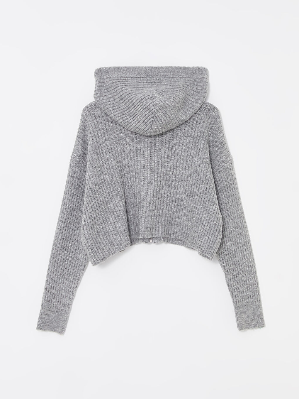 Gri Kapüşonlu Düz Uzun Kollu Kadın Triko Hırka-5