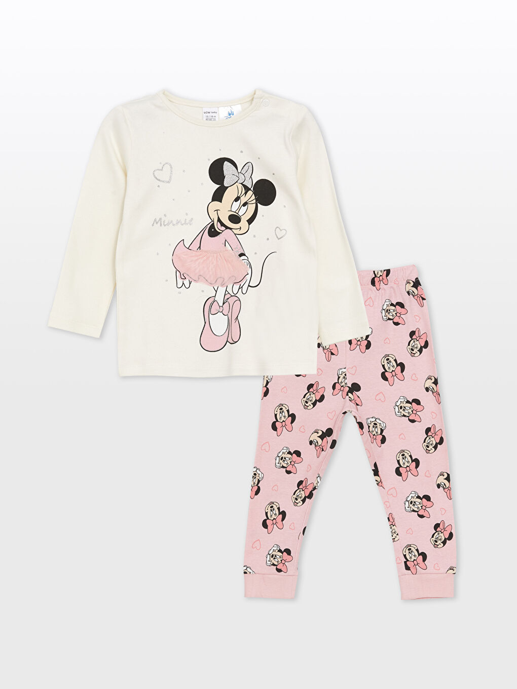 LCW baby Açık Bej Bisiklet Yaka Minnie Mouse Baskılı Kız Bebek Pijama Takımı