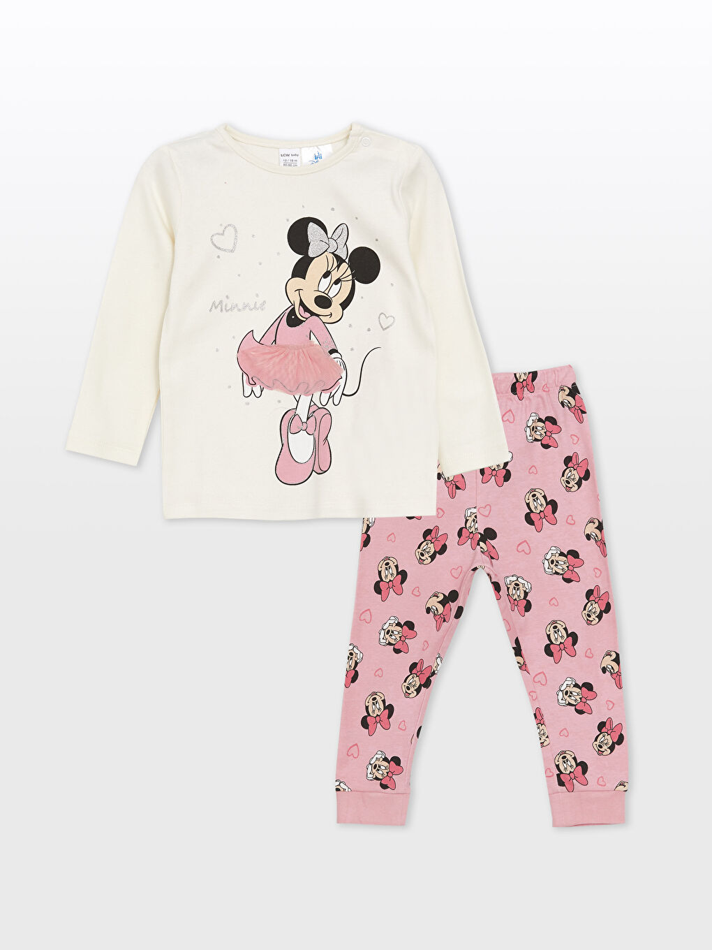 LCW baby Bej Bisiklet Yaka Minnie Mouse Baskılı Kız Bebek Pijama Takımı