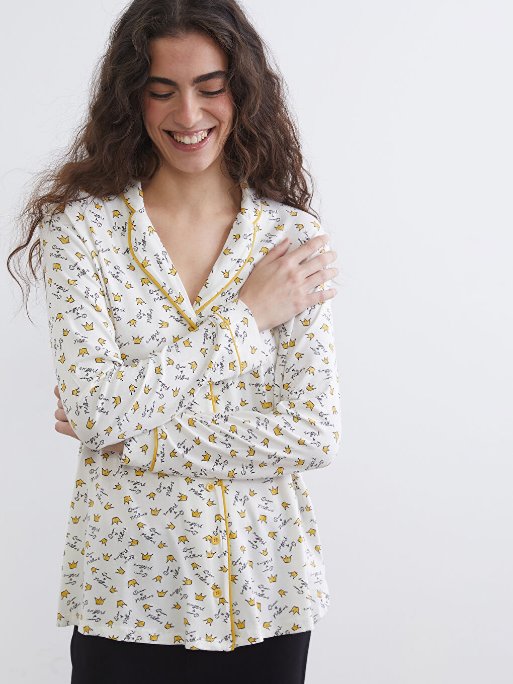 Ekru Gömlek Yaka Baskılı Hamile Pijama Üstü