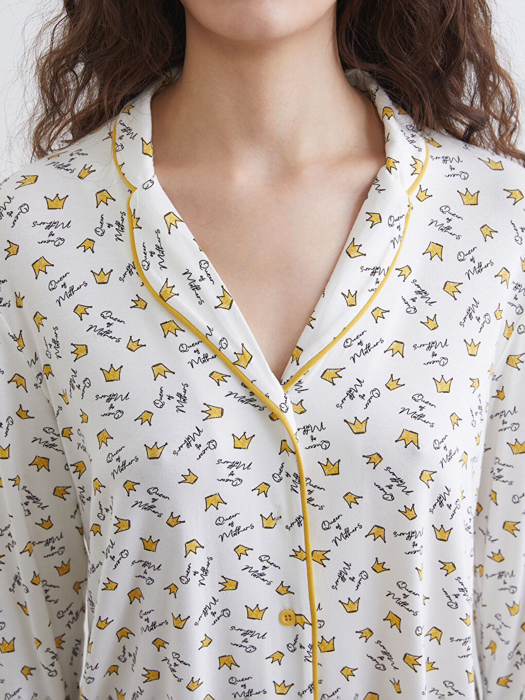 Ekru Gömlek Yaka Baskılı Hamile Pijama Üstü-2