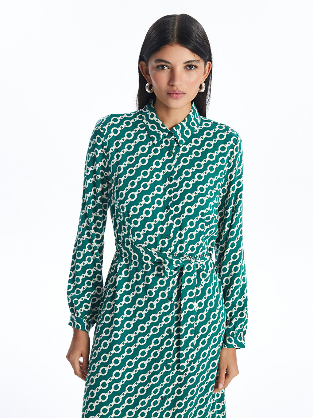 Patterned Long Sleeve Women's Shirt Dress-1