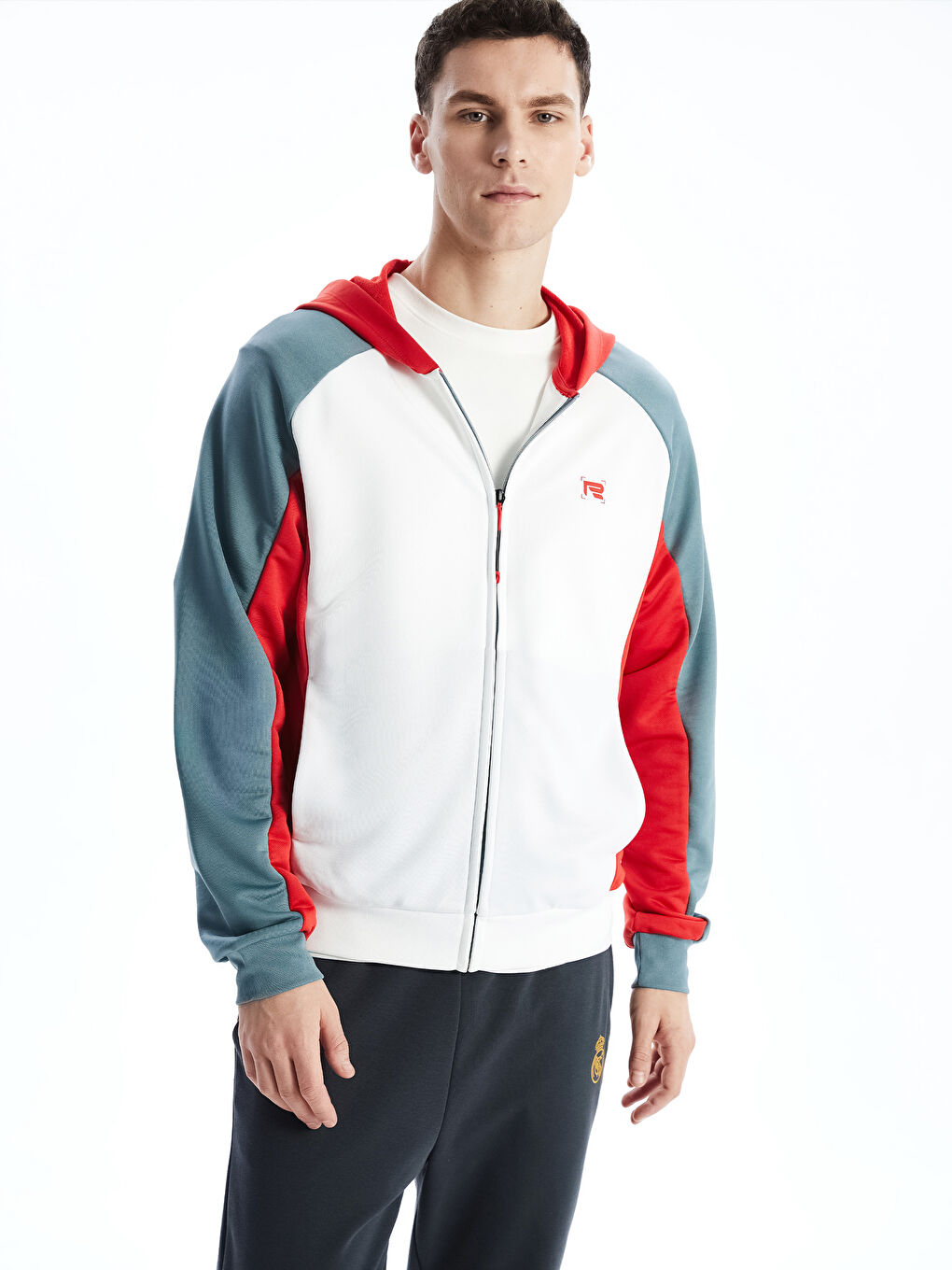 Ekru Kapüşonlu Uzun Kollu Erkek Fermuarlı Sweatshirt