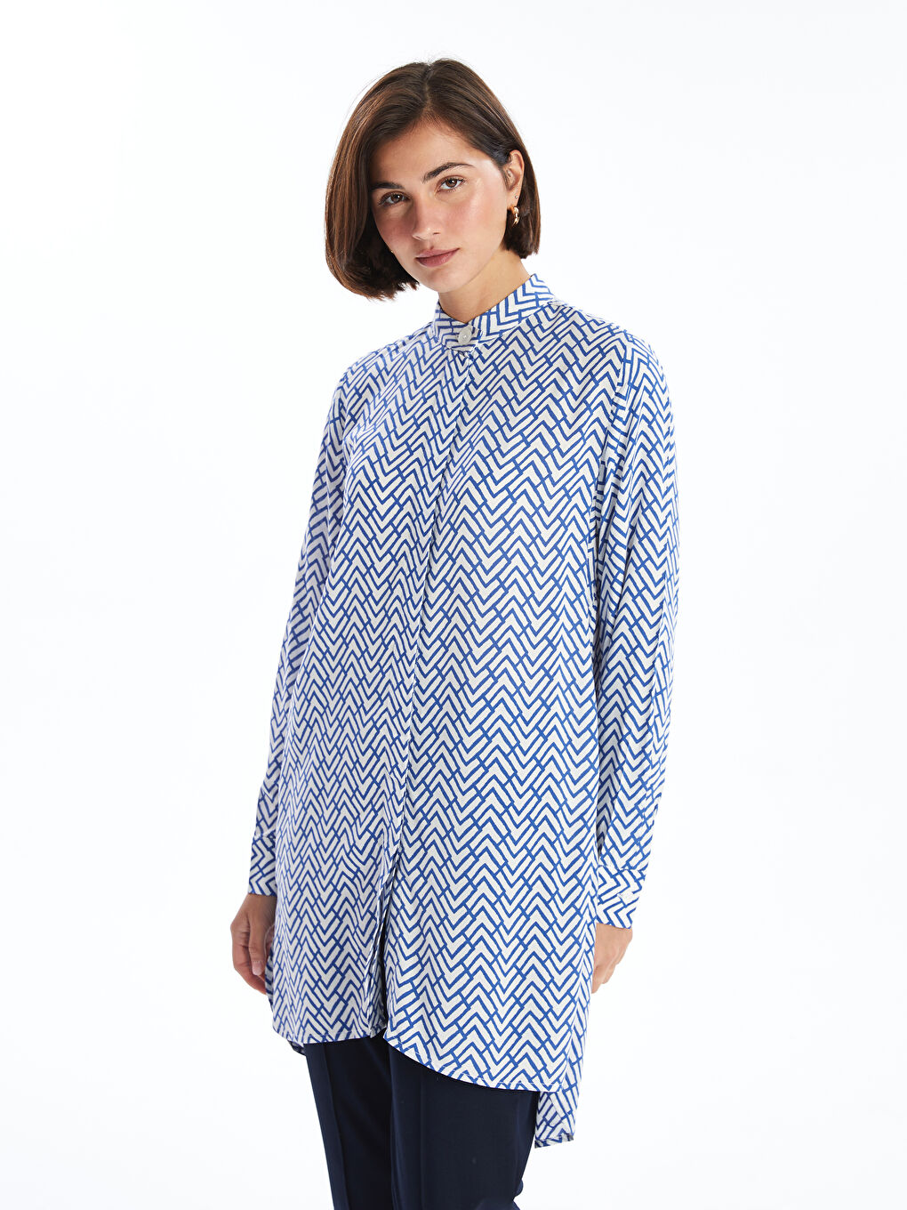 Grandad Collar Patterned Asymmetric Women's Shirt Tunic