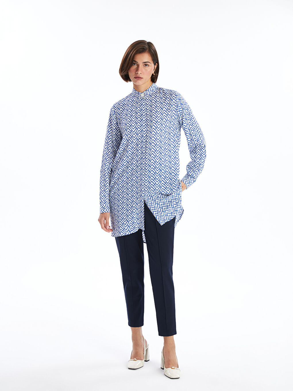 Grandad Collar Patterned Asymmetric Women's Shirt Tunic-1