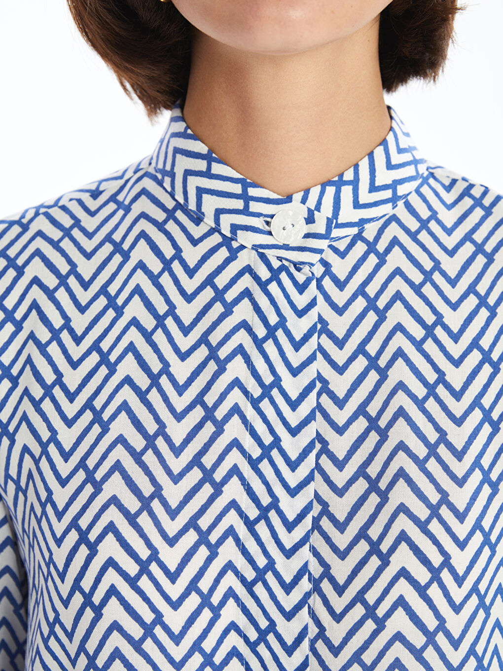 Grandad Collar Patterned Asymmetric Women's Shirt Tunic-2