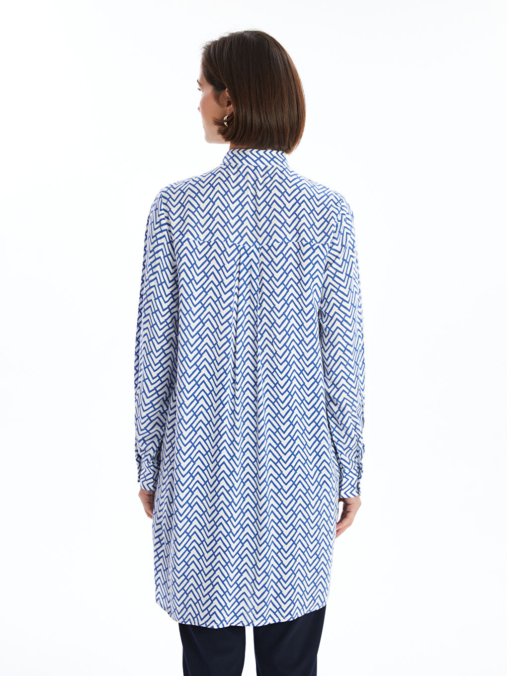 Grandad Collar Patterned Asymmetric Women's Shirt Tunic-3