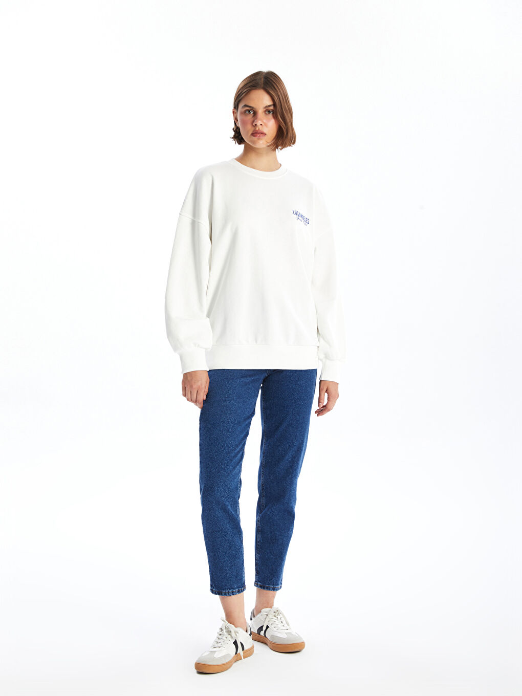 LCW Vision Ekru Bisiklet Yaka Baskılı Oversize Kadın Sweatshirt - 1