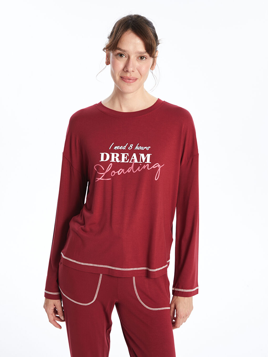 LCW DREAM Açık Bordo Bisiklet Yaka Baskılı Kadın Pijama Takımı - 1