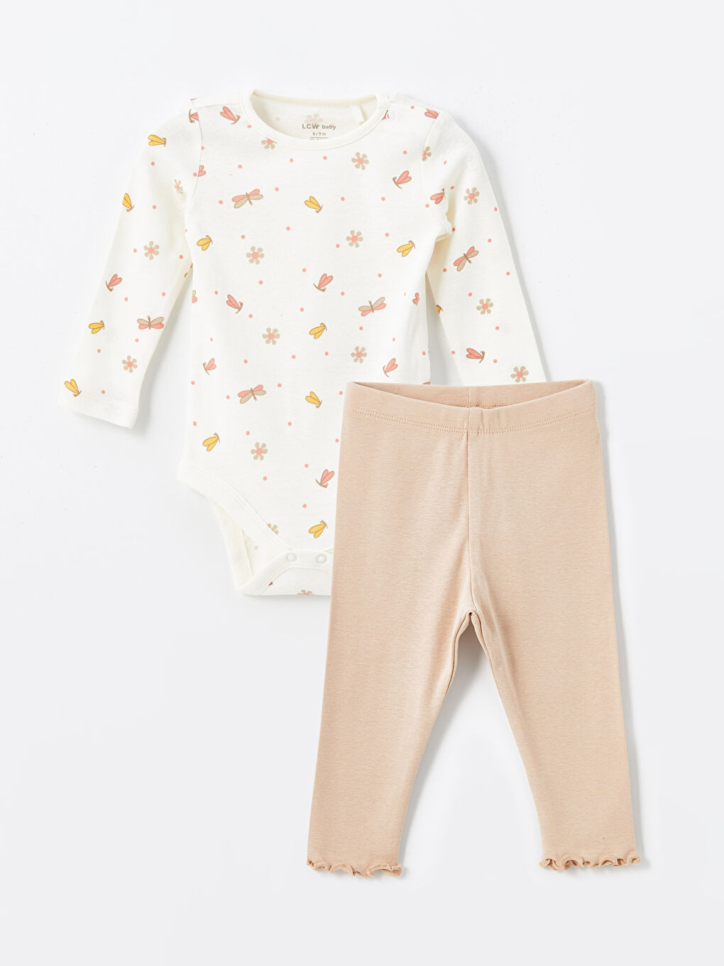 Crew Neck Long Sleeve Printed Baby Girls' Snap Bodysuit and Leggings 2 Pack Set