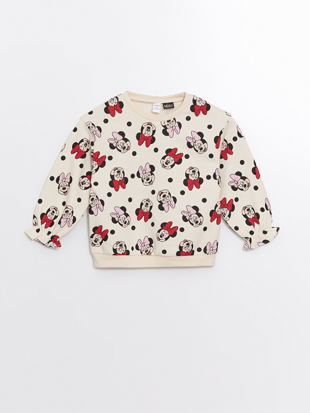 LCW Kids Ekru Bisiklet Yaka Minnie Moue Baskılı Kız Çocuk Sweatshirt