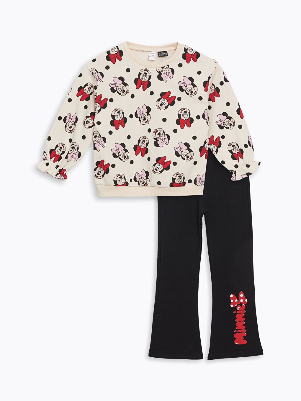 LCW baby Ekru Baskılı Bisiklet Yaka Minnie Mouse Baskılı Kız Bebek Sweatshirt ve Tayt Pantolon 2'li Takım