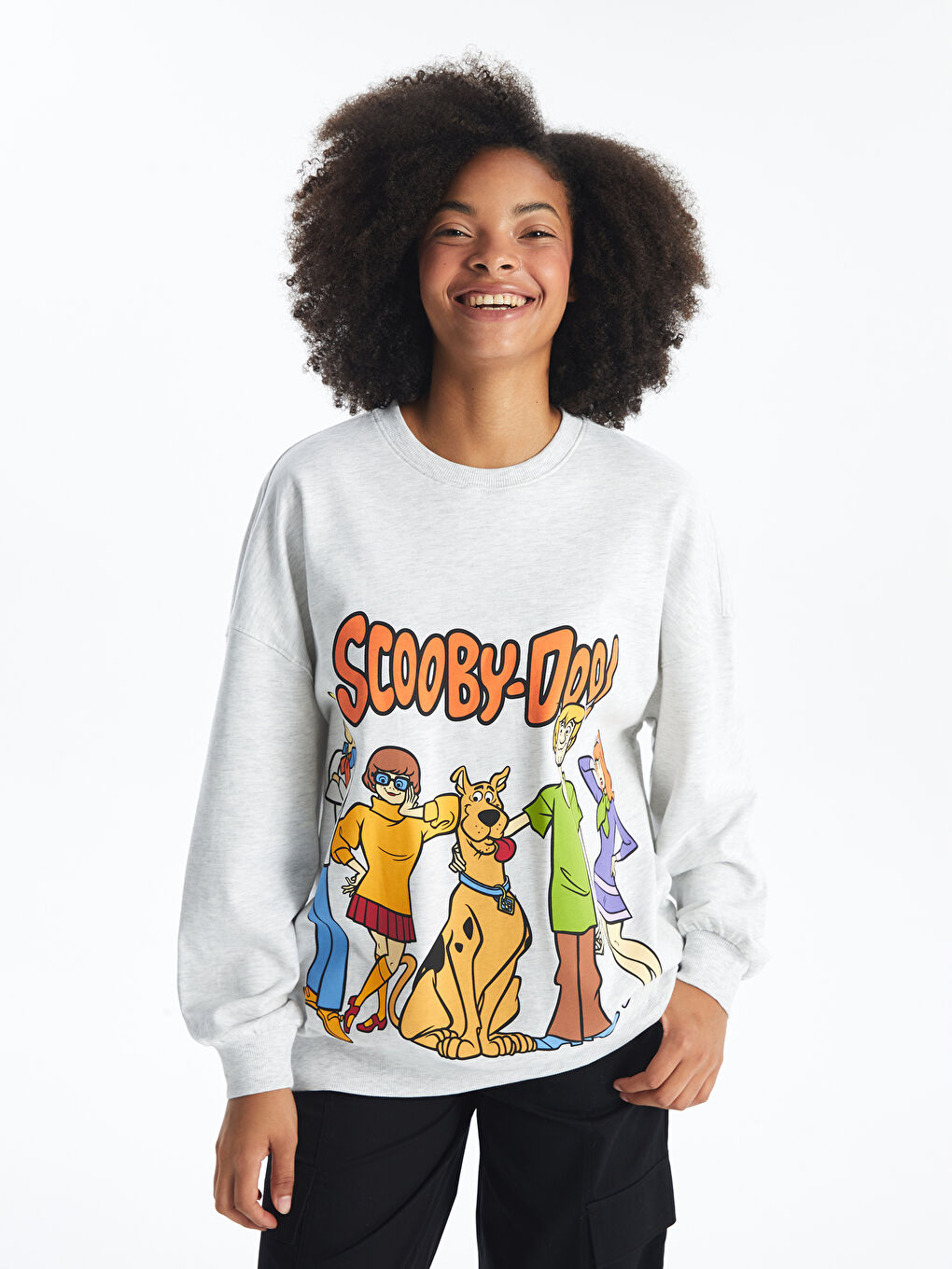 XSIDE Gri Melanj Bisiklet Yaka Scooby Doo Baskılı Oversize Kadın Sweatshirt