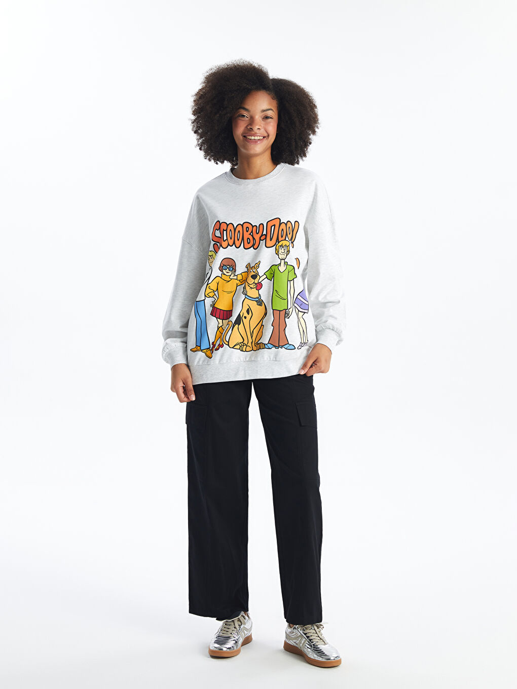 XSIDE Gri Melanj Bisiklet Yaka Scooby Doo Baskılı Oversize Kadın Sweatshirt - 1