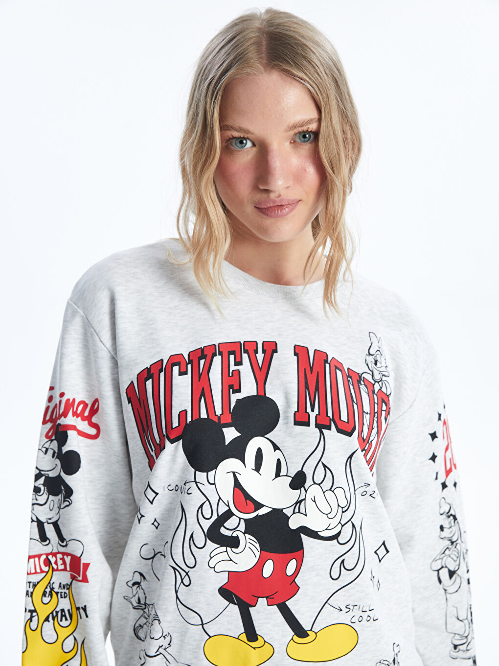 XSIDE Gri Bisiklet Yaka Mickey ve Arkadaşları Baskılı Uzun Kollu Kadın Sweatshirt - 1