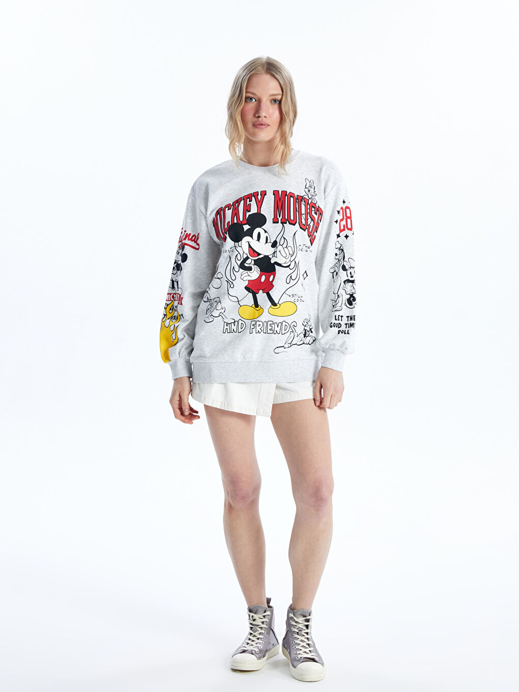 XSIDE Gri Bisiklet Yaka Mickey ve Arkadaşları Baskılı Uzun Kollu Kadın Sweatshirt - 2