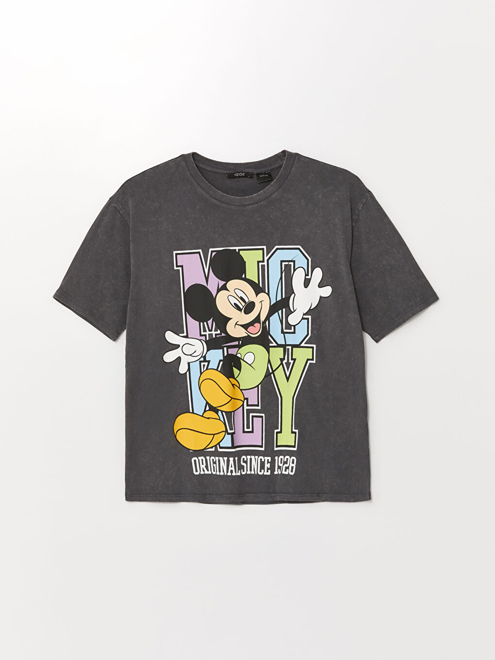 XSIDE Antrasit Yıkamalı Bisiklet Yaka Mickey Mouse Baskılı Kısa Kollu Oversize Kadın Tişört - 4