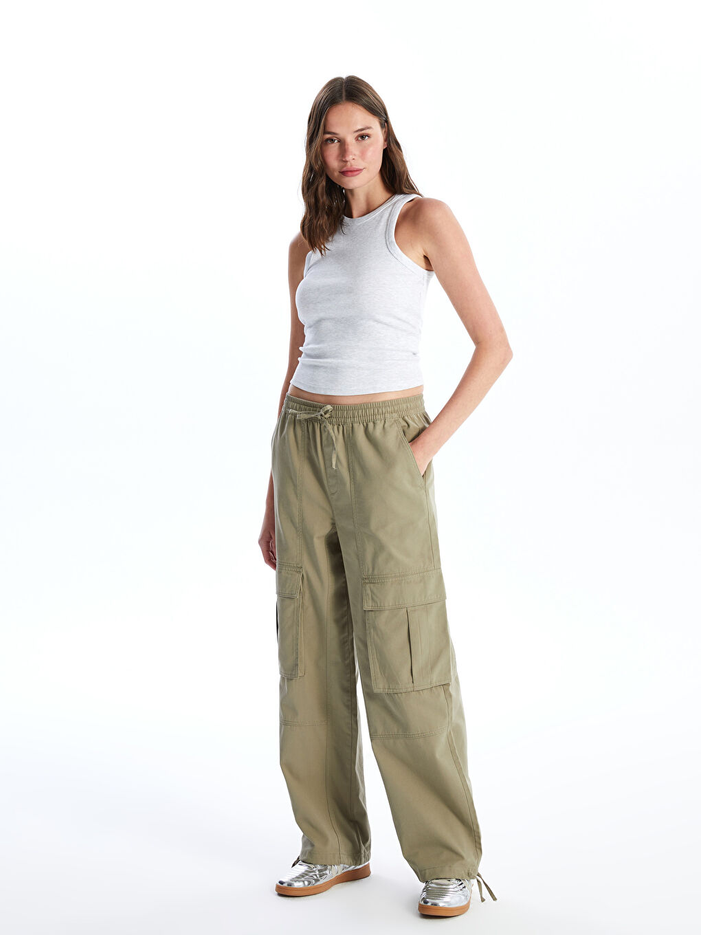 LCW Vision Pantalone Cargo Ženske Jednostavne Sa Elastičnim Strukom Od Kepera -W4AL48Z8-YGY