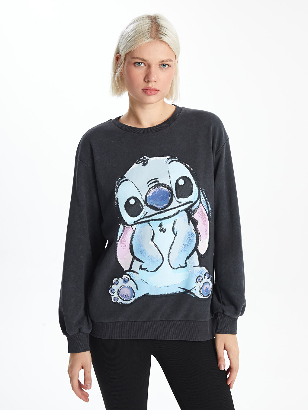 XSIDE Antrasit Bisiklet Yaka Lilo & Stitch Baskılı Kadın Kalın Sweatshirt