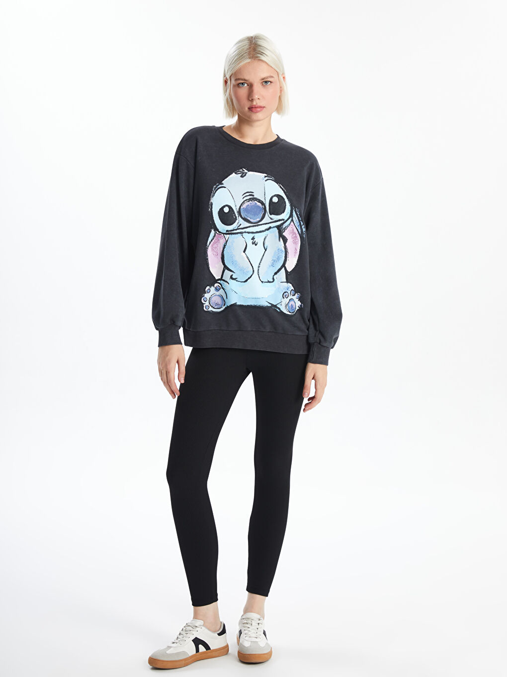 XSIDE Antrasit Bisiklet Yaka Lilo & Stitch Baskılı Kadın Sweatshirt - 1