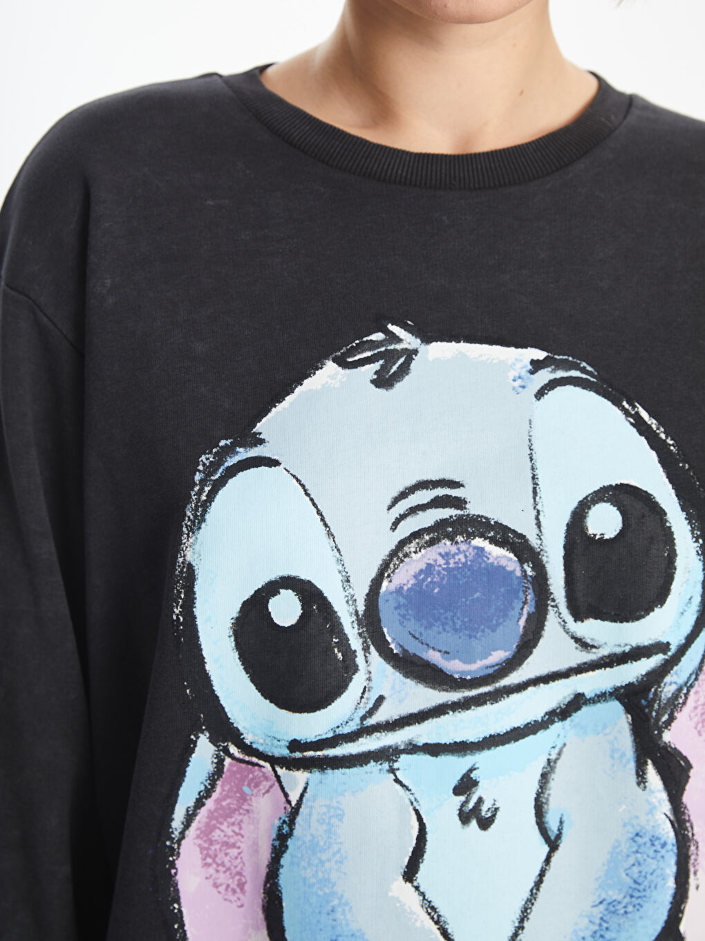 XSIDE Antrasit Bisiklet Yaka Lilo & Stitch Baskılı Kadın Kalın Sweatshirt - 2