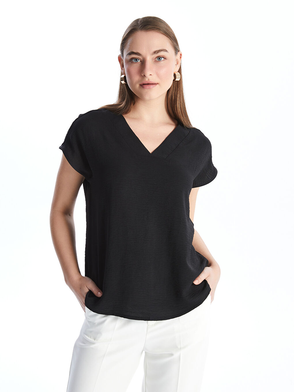 V Neck Plain Aerobin Women's Blouse
