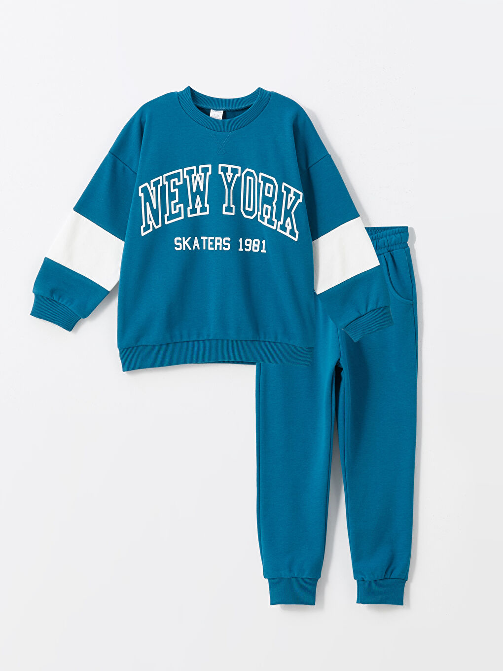 LCW Kids Petrol Bisiklet Yaka Baskılı Erkek Bebek Sweatshirt ve Pantolon 2'li Takım